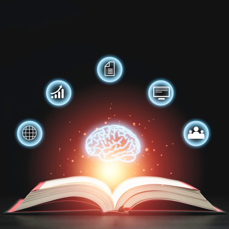 Wissenwertes-Entarif. Glowing virtual brain floats above an open book with leaning ico